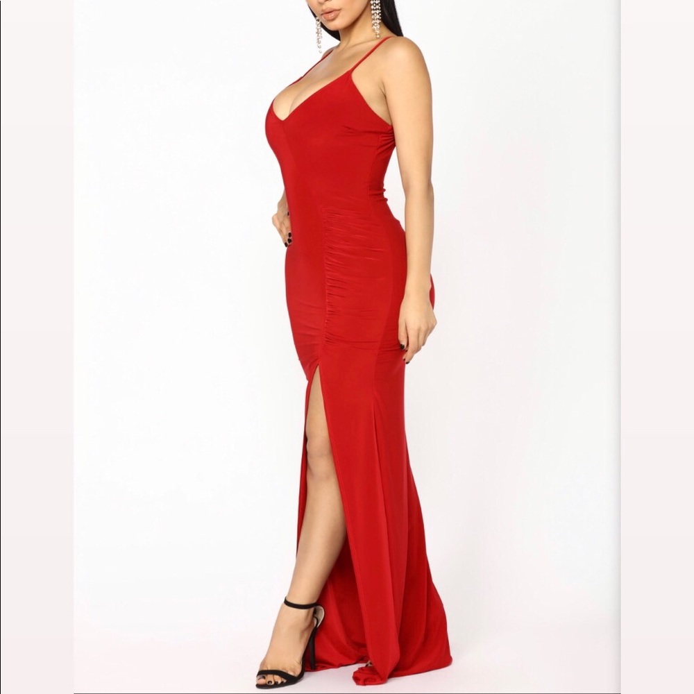 Red ruched spaghetti strap dress with slit